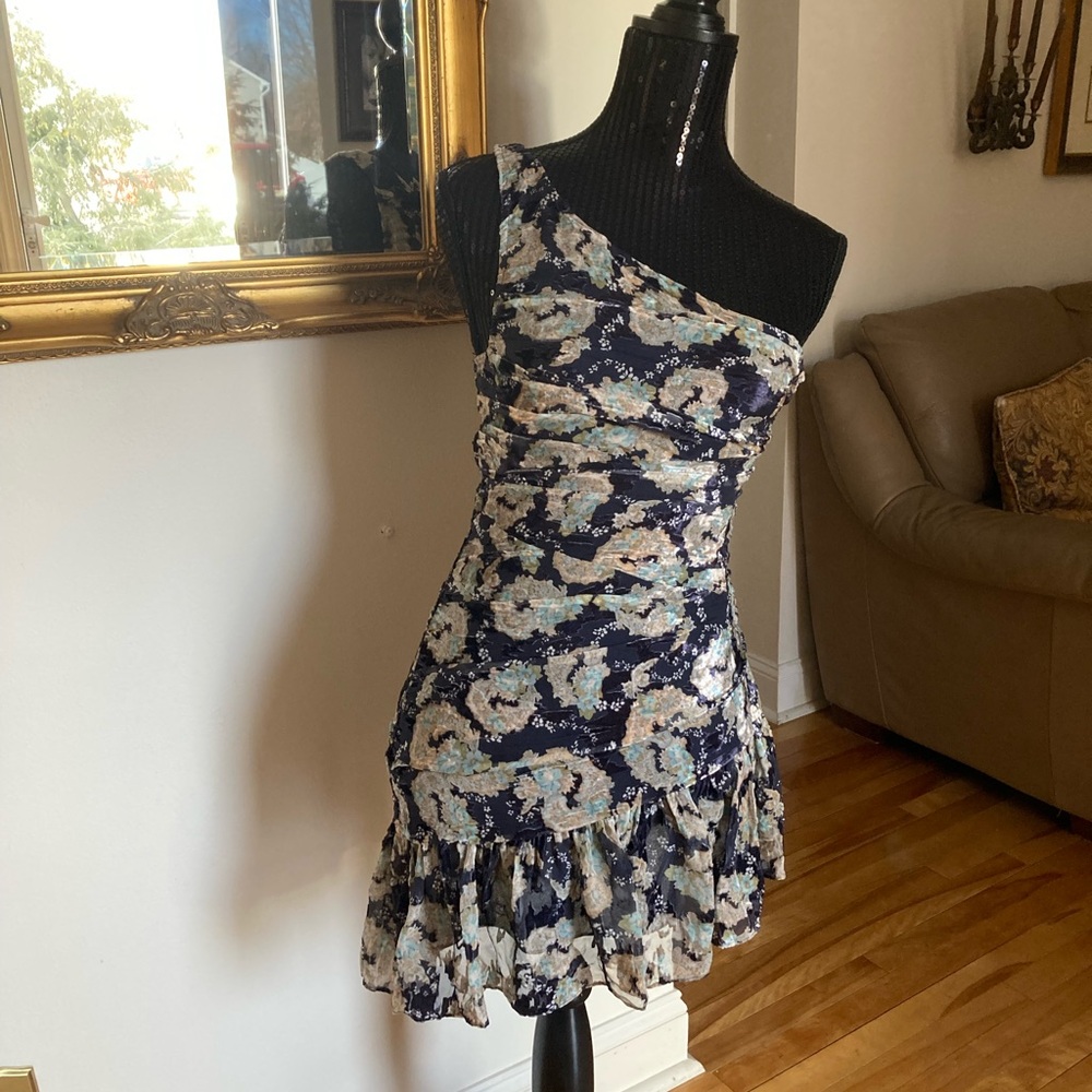 LoveShackFancy Navy Floral One-Shoulder Dress